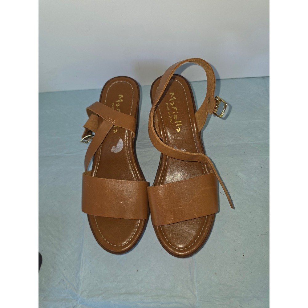 Mariella Tan Leather Wedge Sandals Made in Italy Wood Platform Ankle Strap 3.5"